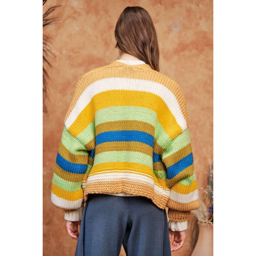 Davi & Dani Contrast Striped Open Front Lantern Sleeve Cardigan Camel Multicolor / S Apparel and Accessories