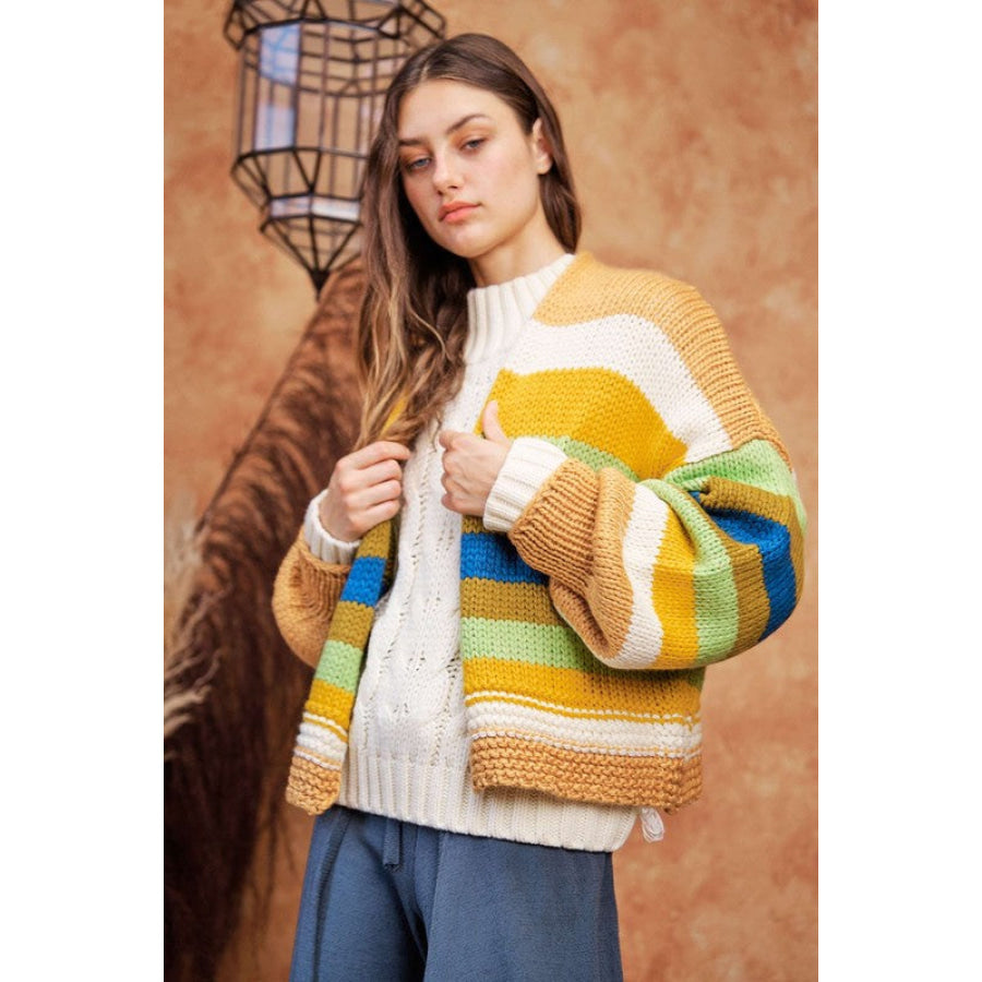 Davi &amp; Dani Contrast Striped Open Front Lantern Sleeve Cardigan Apparel and Accessories