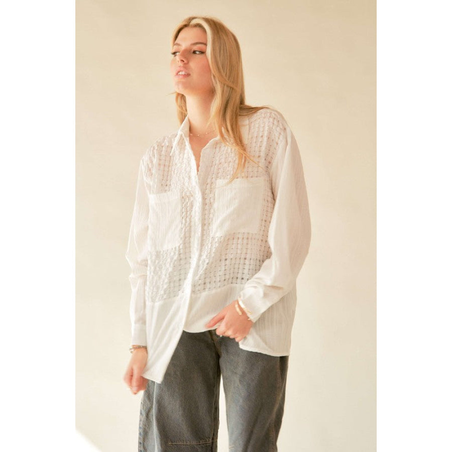 Davi & Dani Crinkled Jacquard Button Down Shirt Apparel and Accessories