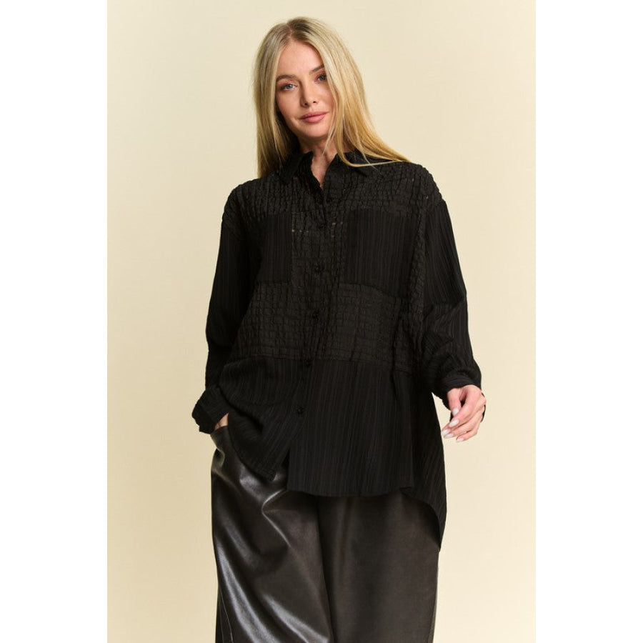 Davi &amp; Dani Crinkled Jacquard Button Down Shirt Black / S Apparel and Accessories