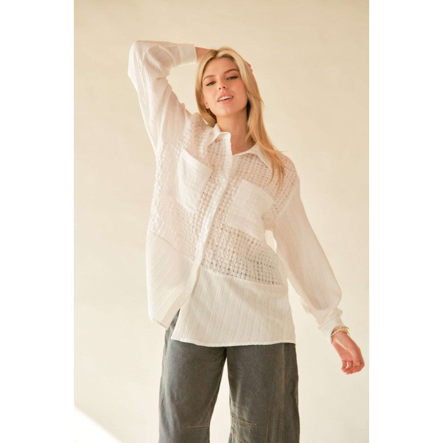Davi & Dani Crinkled Jacquard Button Down Shirt White / S Apparel and Accessories