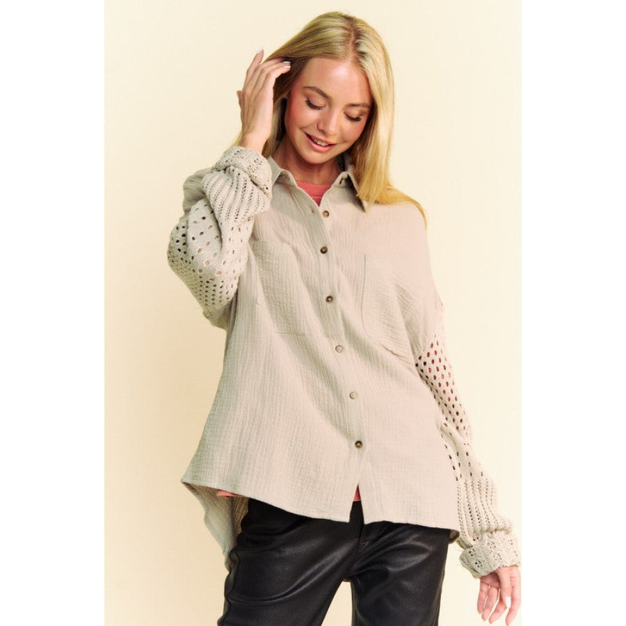 Davi &amp; Dani Crochet Sleeve Crinkled Texture Shirt Khaki / S Apparel and Accessories