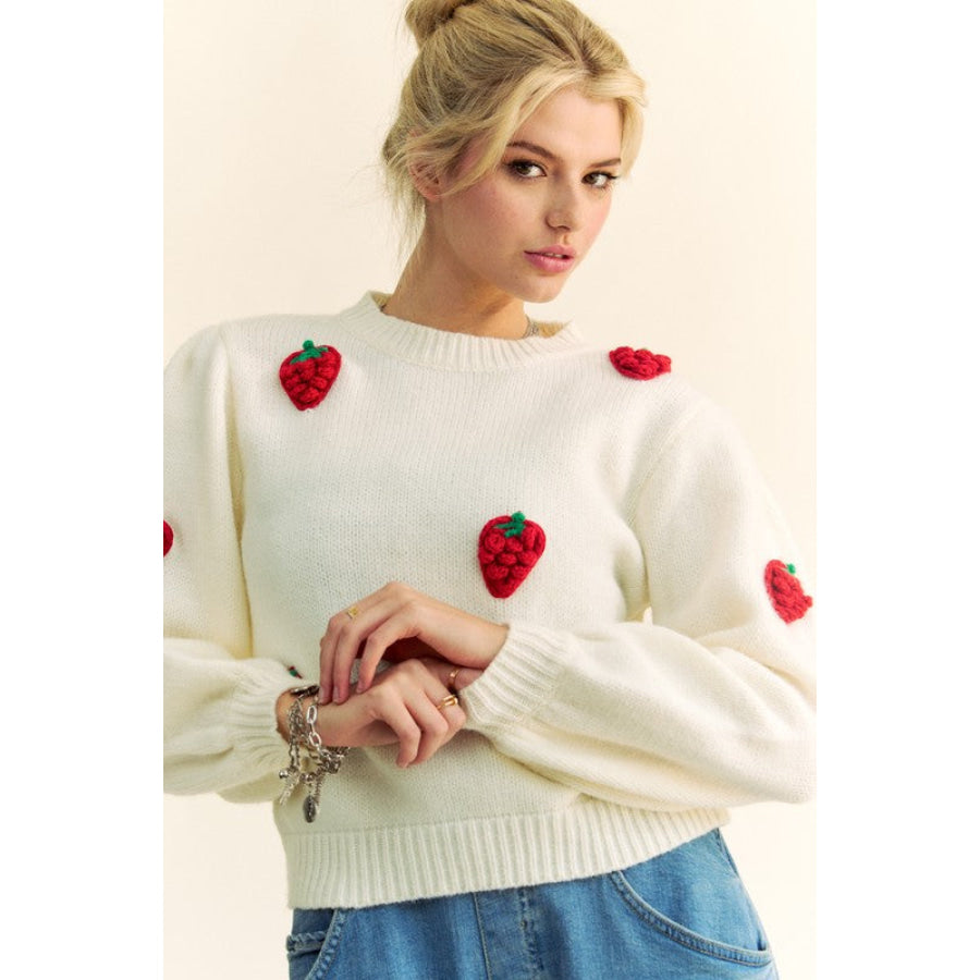 Davi &amp; Dani Crochet Strawberry Round Neck Sweater Apparel and Accessories