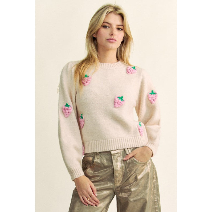 Davi &amp; Dani Crochet Strawberry Round Neck Sweater Beige / S Apparel and Accessories