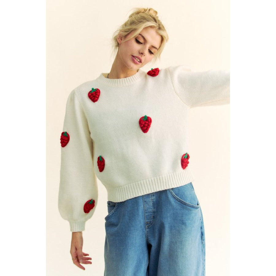 Davi &amp; Dani Crochet Strawberry Round Neck Sweater Cream / S Apparel and Accessories