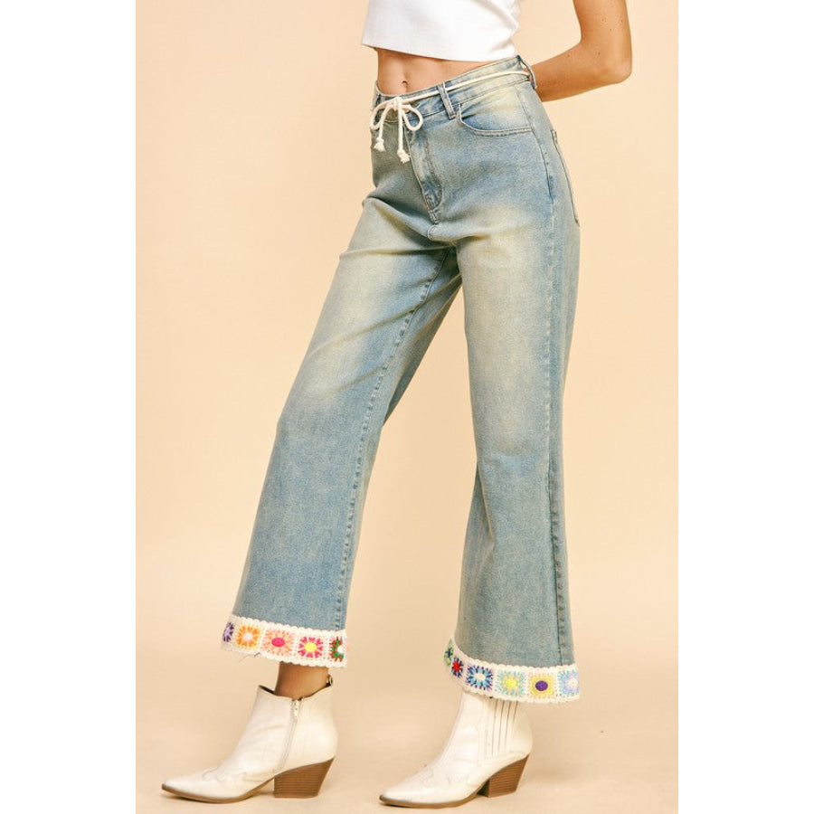 Davi &amp; Dani Crochet Trim Flare Jeans with Pockets Apparel and Accessories