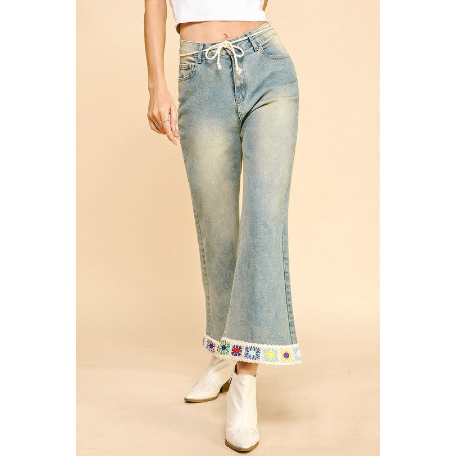 Davi &amp; Dani Crochet Trim Flare Jeans with Pockets Apparel and Accessories