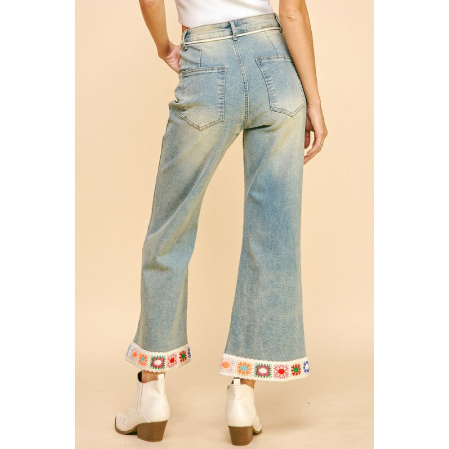 Davi &amp; Dani Crochet Trim Flare Jeans with Pockets Apparel and Accessories