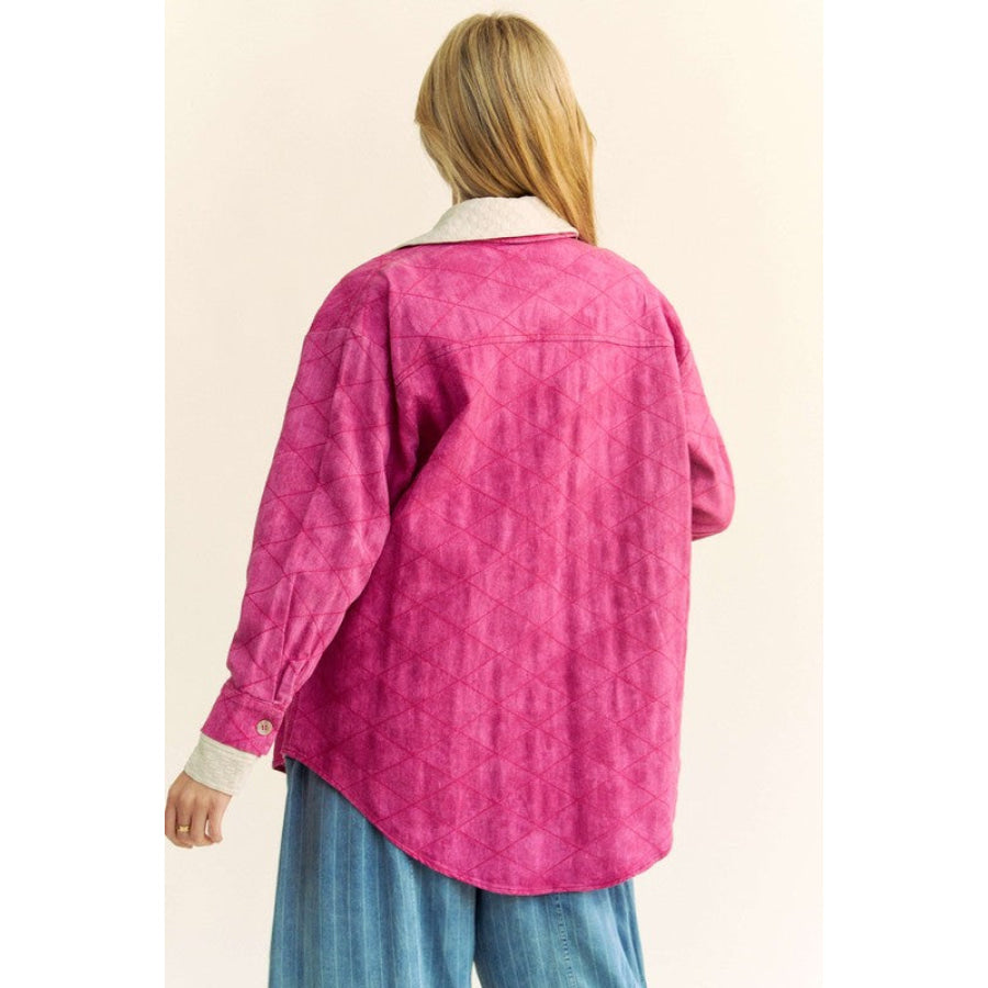 Davi & Dani Curved Hem Diamond Quilted Button Up Denim Shacket Hot Pink / S Apparel and Accessories