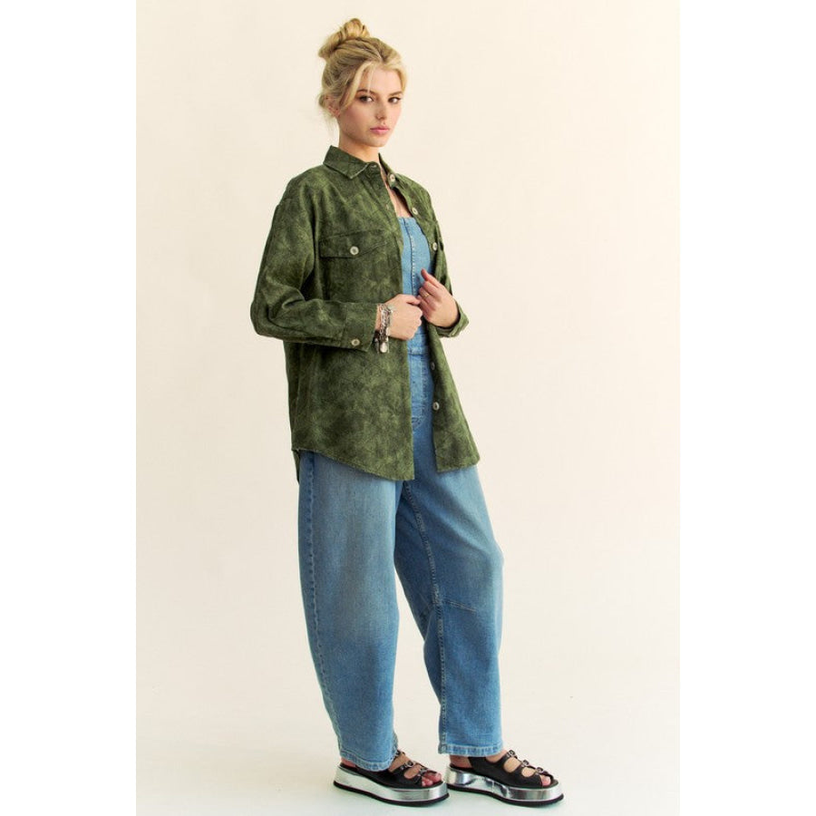 Davi &amp; Dani Curved Hem Diamond Quilted Button Up Denim Shacket Apparel and Accessories