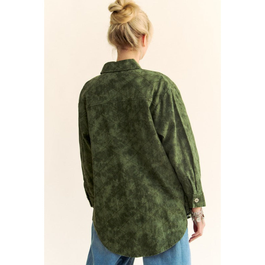 Davi & Dani Curved Hem Diamond Quilted Button Up Denim Shacket Army Green / S Apparel and Accessories