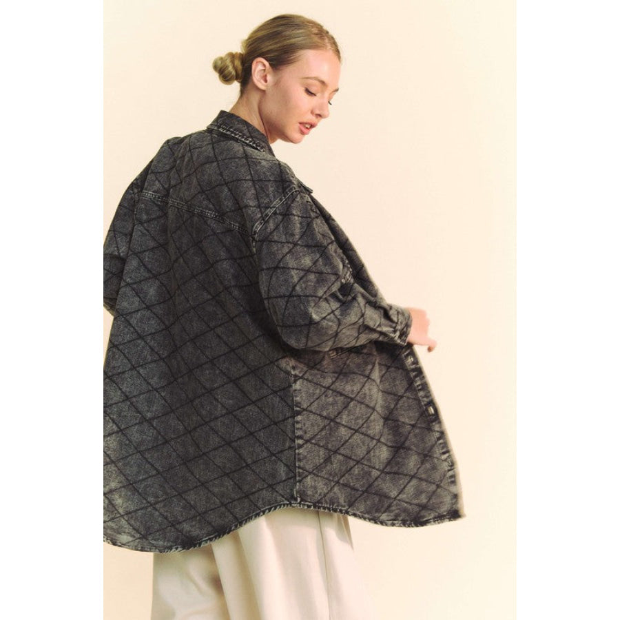 Davi & Dani Curved Hem Diamond Quilted Button Up Denim Shacket Black / S Apparel and Accessories