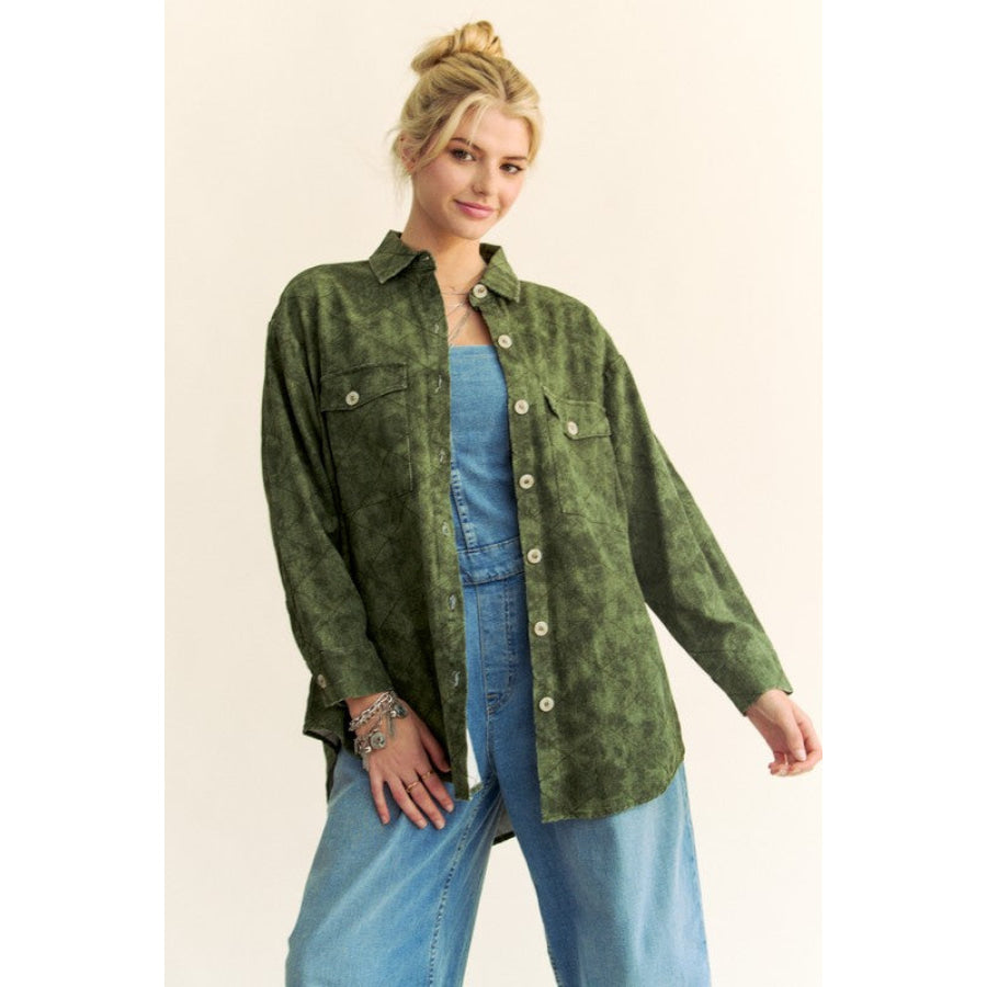 Davi &amp; Dani Curved Hem Diamond Quilted Button Up Denim Shacket Apparel and Accessories