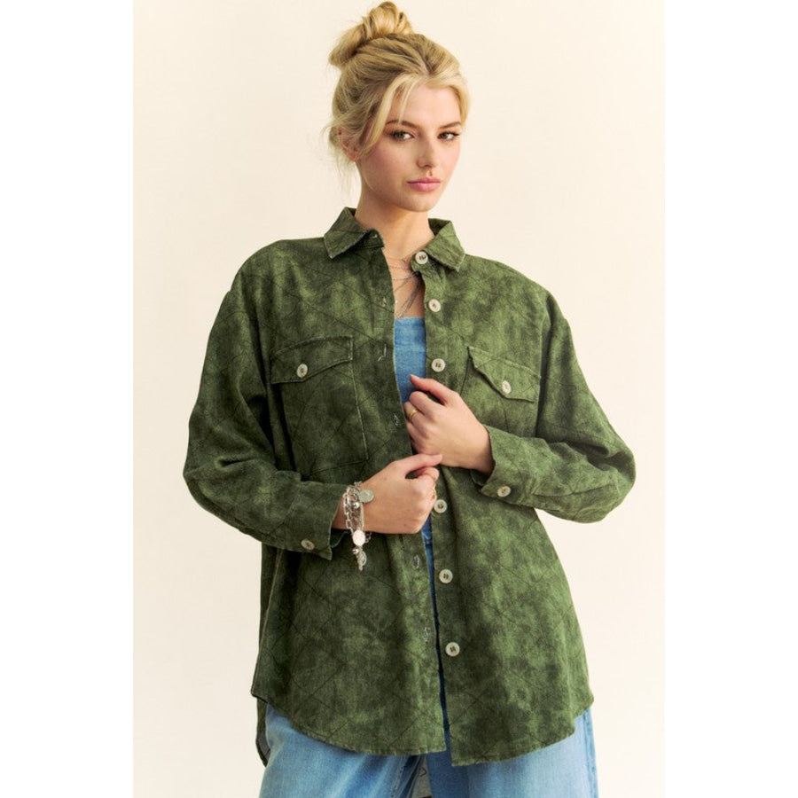 Davi &amp; Dani Curved Hem Diamond Quilted Button Up Denim Shacket Army Green / S Apparel and Accessories