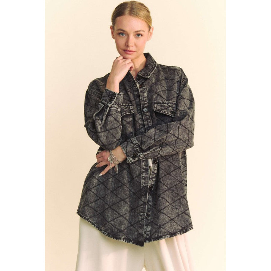 Davi &amp; Dani Curved Hem Diamond Quilted Button Up Denim Shacket Black / S Apparel and Accessories