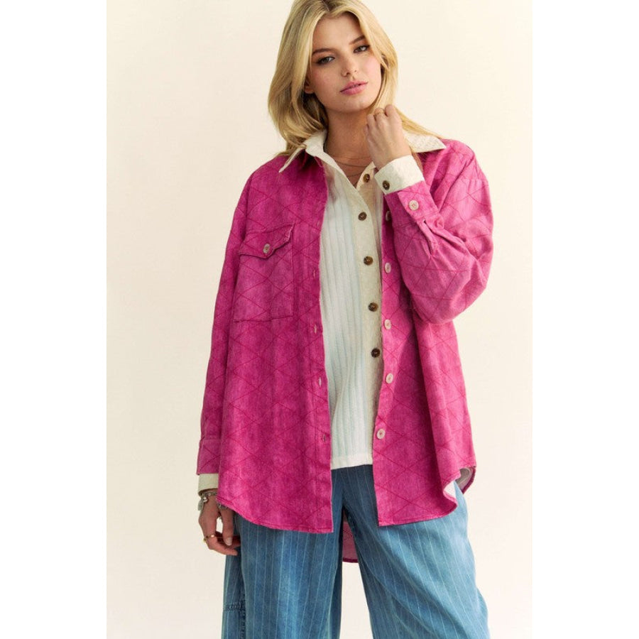 Davi &amp; Dani Curved Hem Diamond Quilted Button Up Denim Shacket Hot Pink / S Apparel and Accessories