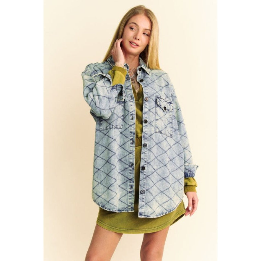 Davi &amp; Dani Curved Hem Diamond Quilted Button Up Denim Shacket Light Blue / S Apparel and Accessories