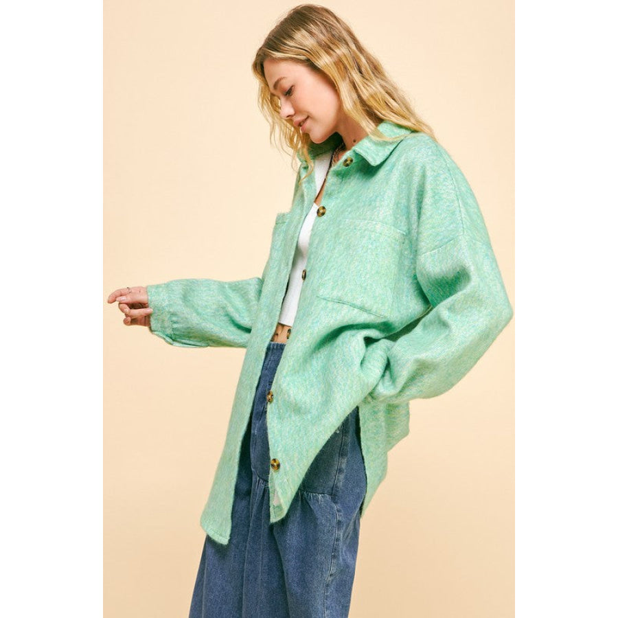 Davi &amp; Dani Curved Hem Heathered Dropped Shoulder Shacket Apparel and Accessories