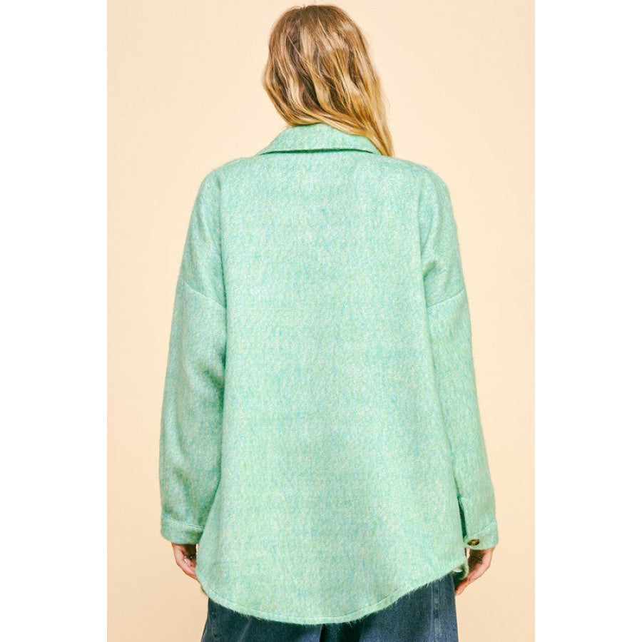 Davi & Dani Curved Hem Heathered Dropped Shoulder Shacket MINT GREEN / S Apparel and Accessories