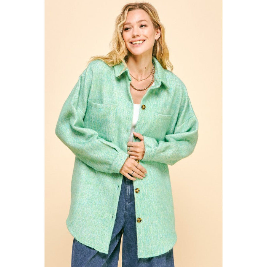 Davi &amp; Dani Curved Hem Heathered Dropped Shoulder Shacket MINT GREEN / S Apparel and Accessories