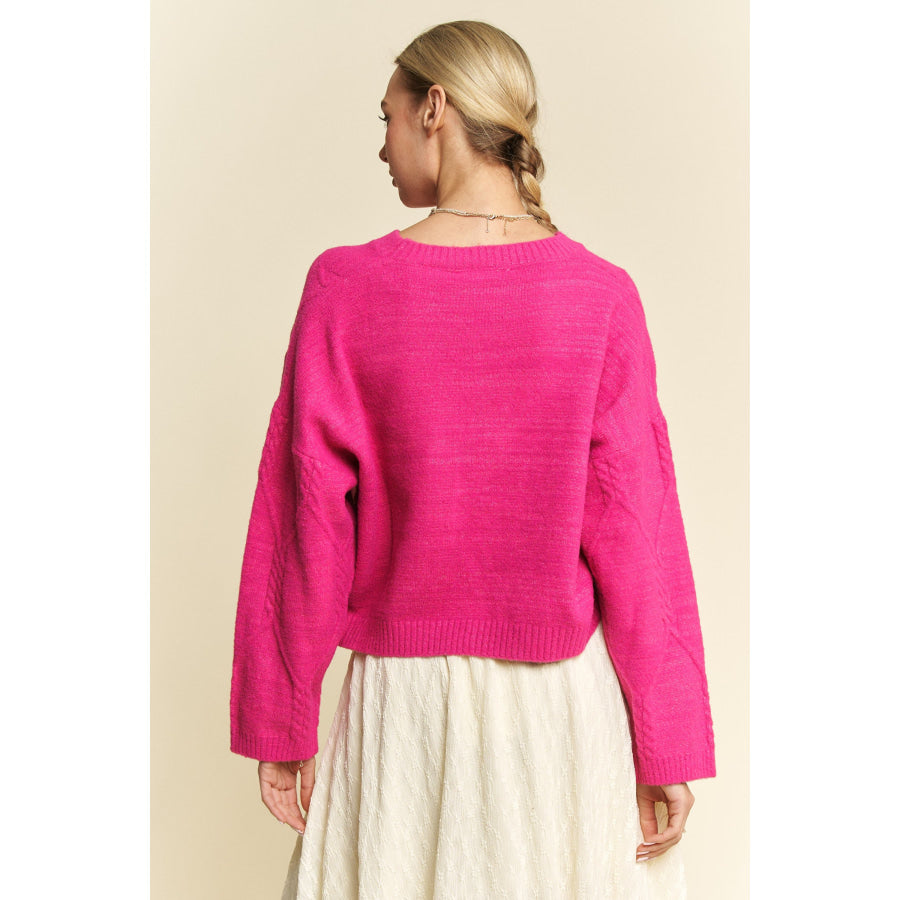 Davi & Dani Diamond Cable Pattern Drop Shoulder Sweater Apparel and Accessories