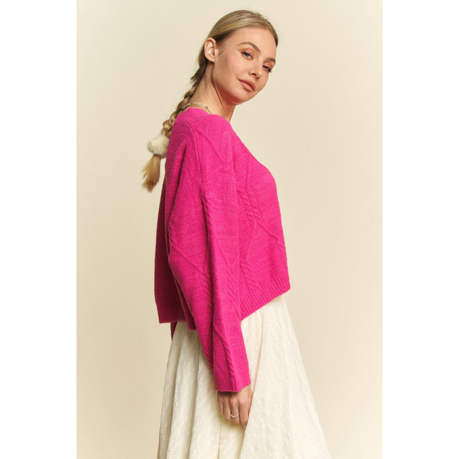 Davi & Dani Diamond Cable Pattern Drop Shoulder Sweater Apparel and Accessories