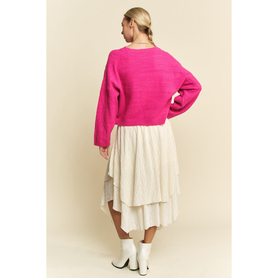 Davi & Dani Diamond Cable Pattern Drop Shoulder Sweater Apparel and Accessories