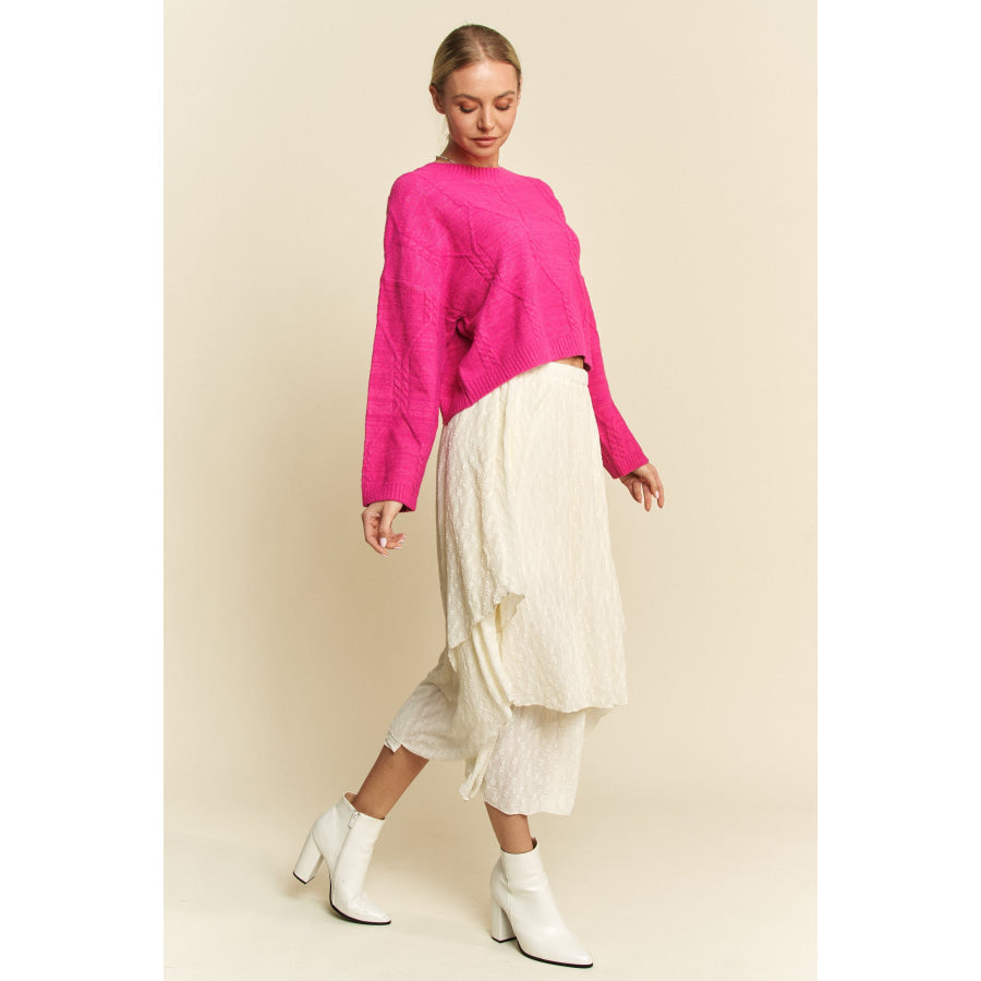 Davi & Dani Diamond Cable Pattern Drop Shoulder Sweater Apparel and Accessories