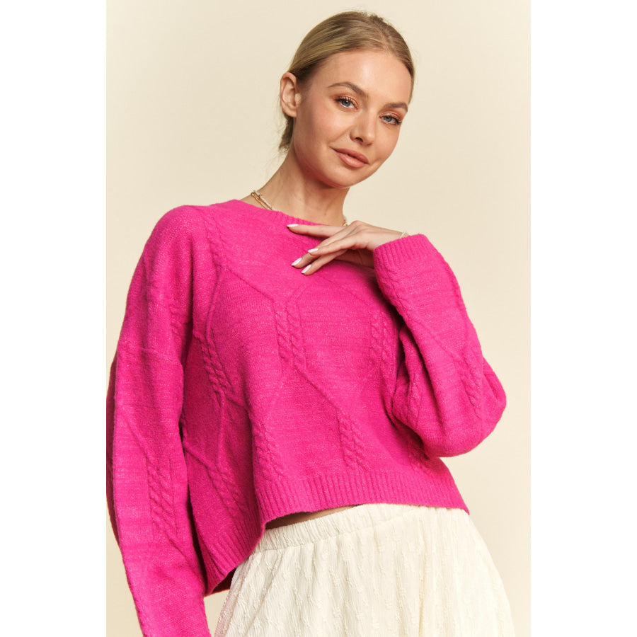 Davi & Dani Diamond Cable Pattern Drop Shoulder Sweater Apparel and Accessories