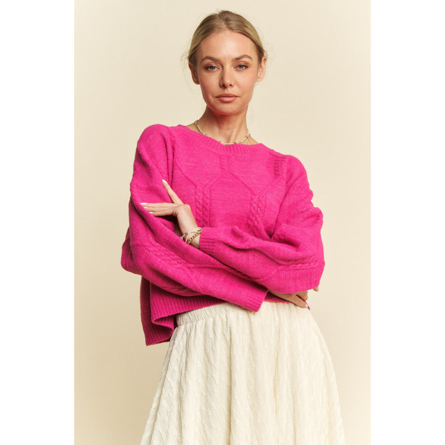 Davi & Dani Diamond Cable Pattern Drop Shoulder Sweater Pink / S Apparel and Accessories