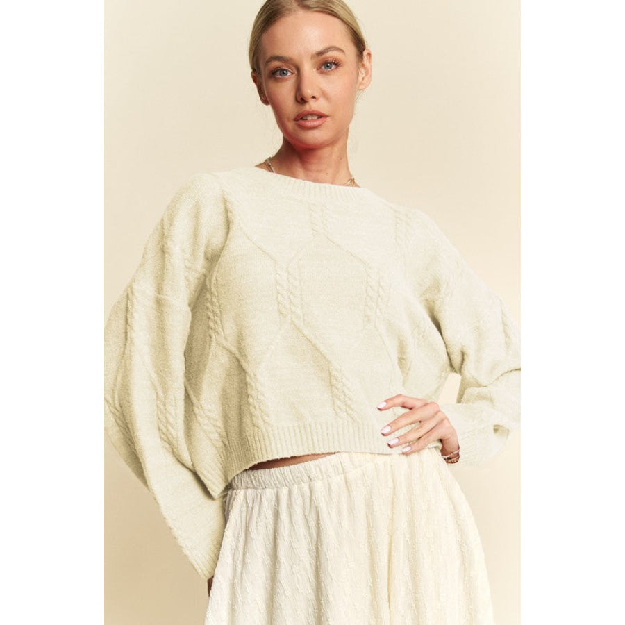 Davi & Dani Diamond Cable Pattern Drop Shoulder Sweater Ivory / S Apparel and Accessories