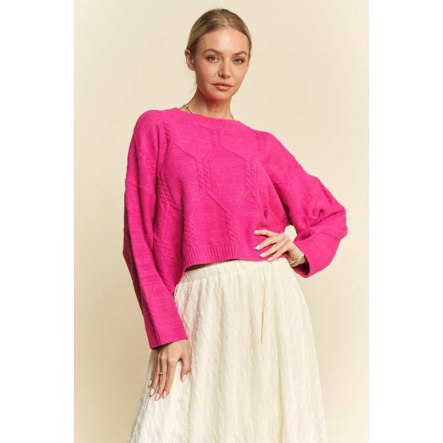 Davi & Dani Diamond Cable Pattern Drop Shoulder Sweater Pink / S Apparel and Accessories