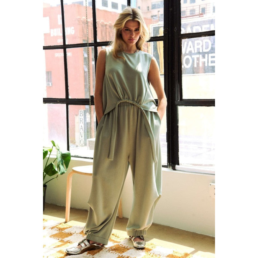 Davi & Dani Drawstring Hem Round Neck Tank and Pants Set Apparel and Accessories