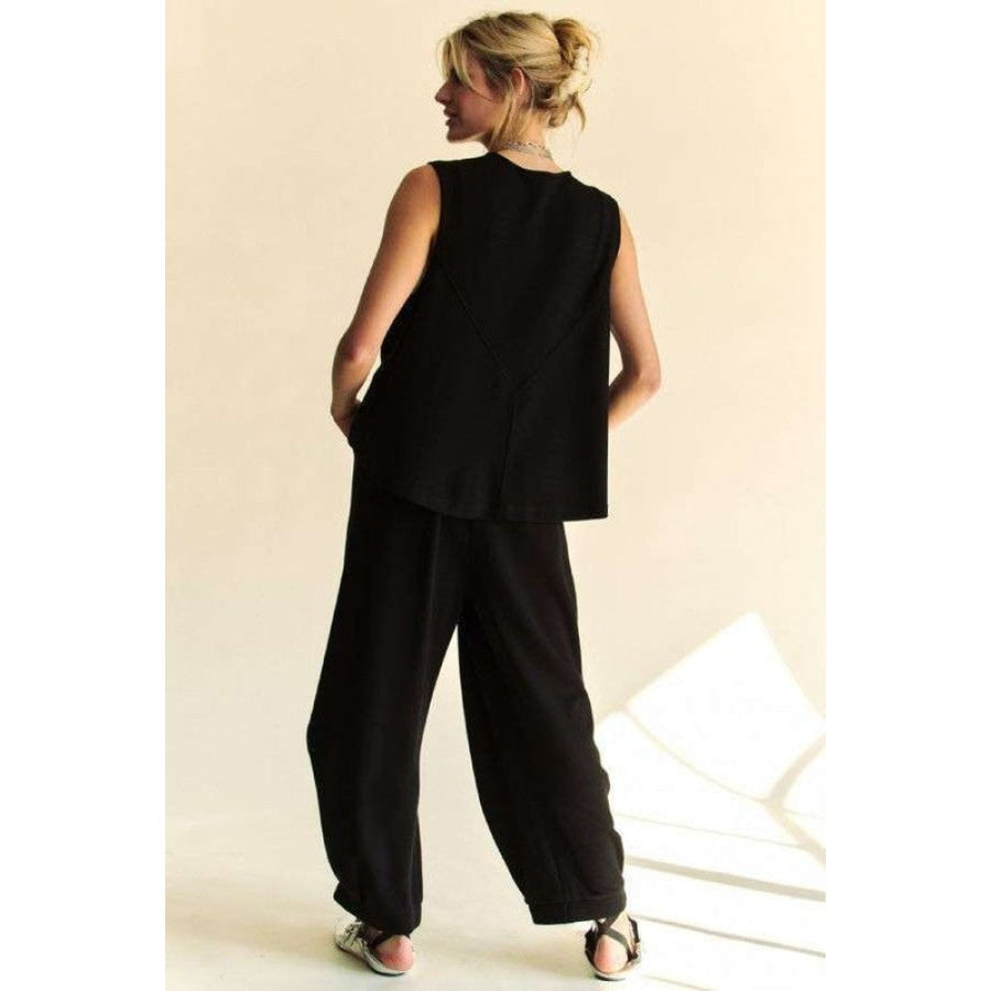 Davi & Dani Drawstring Hem Round Neck Tank and Pants Set Black / S Apparel and Accessories