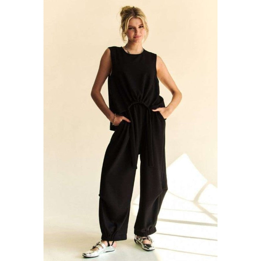 Davi & Dani Drawstring Hem Round Neck Tank and Pants Set Black / S Apparel and Accessories