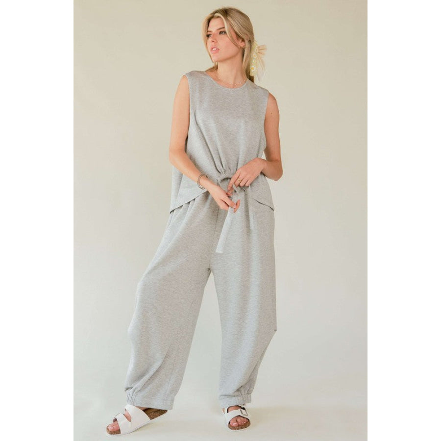 Davi &amp; Dani Drawstring Hem Round Neck Tank and Pants Set HEATHER GREY / S Apparel and Accessories