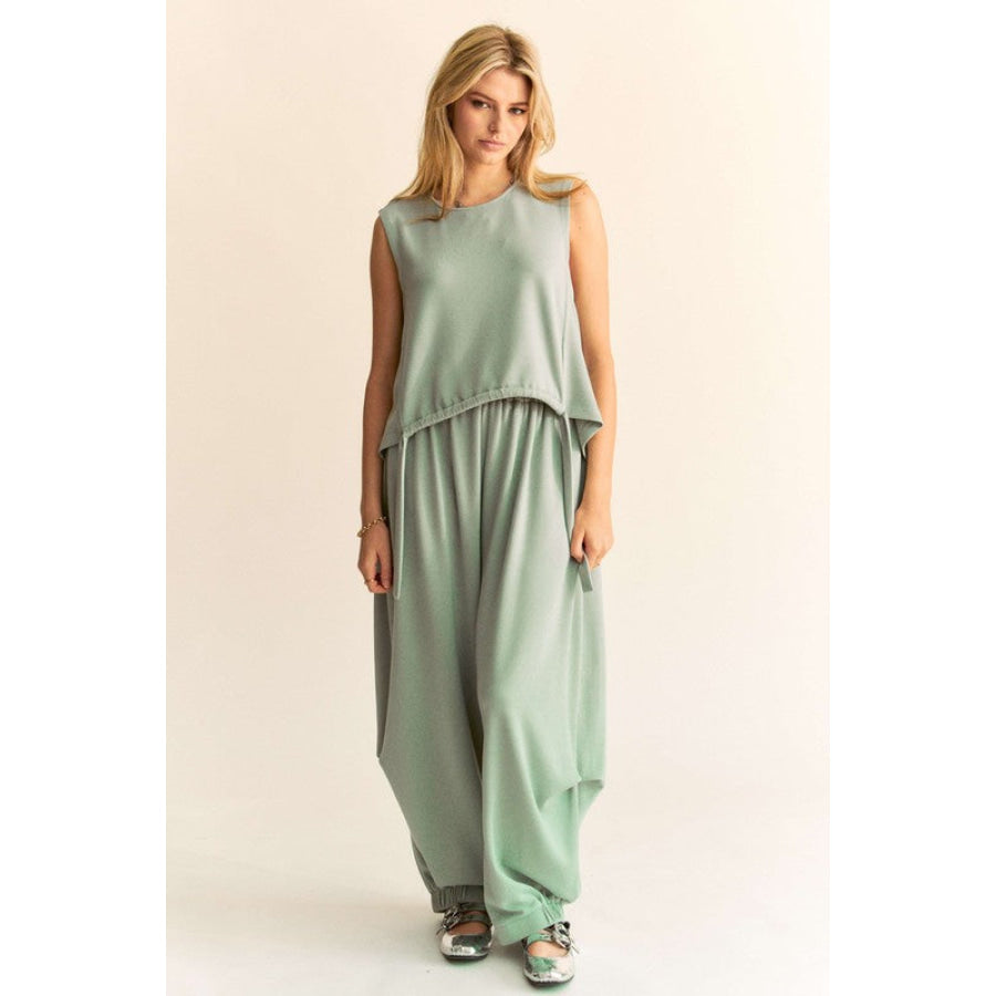 Davi & Dani Drawstring Hem Round Neck Tank and Pants Set Light Green / S Apparel and Accessories