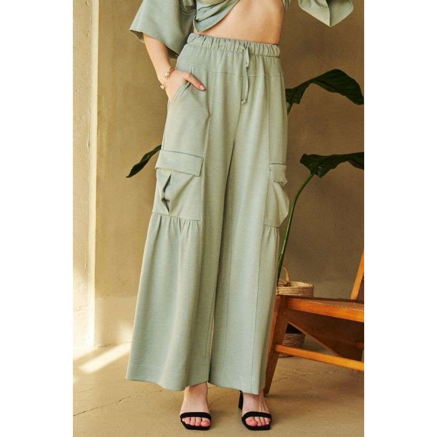 Davi & Dani Drawstring Ruched Detail Wide Leg Pants Apparel and Accessories