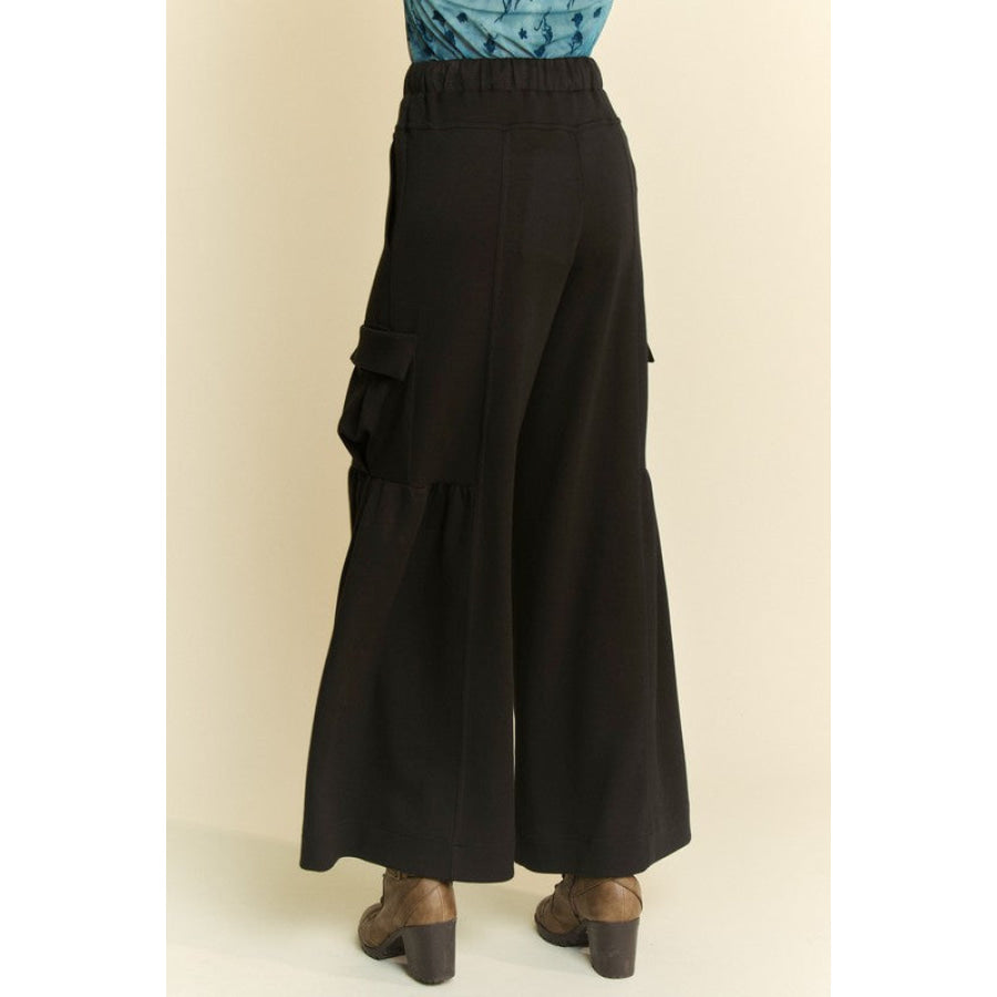 Davi & Dani Drawstring Ruched Detail Wide Leg Pants Black / S Apparel and Accessories