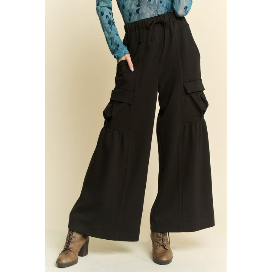 Davi & Dani Drawstring Ruched Detail Wide Leg Pants Black / S Apparel and Accessories