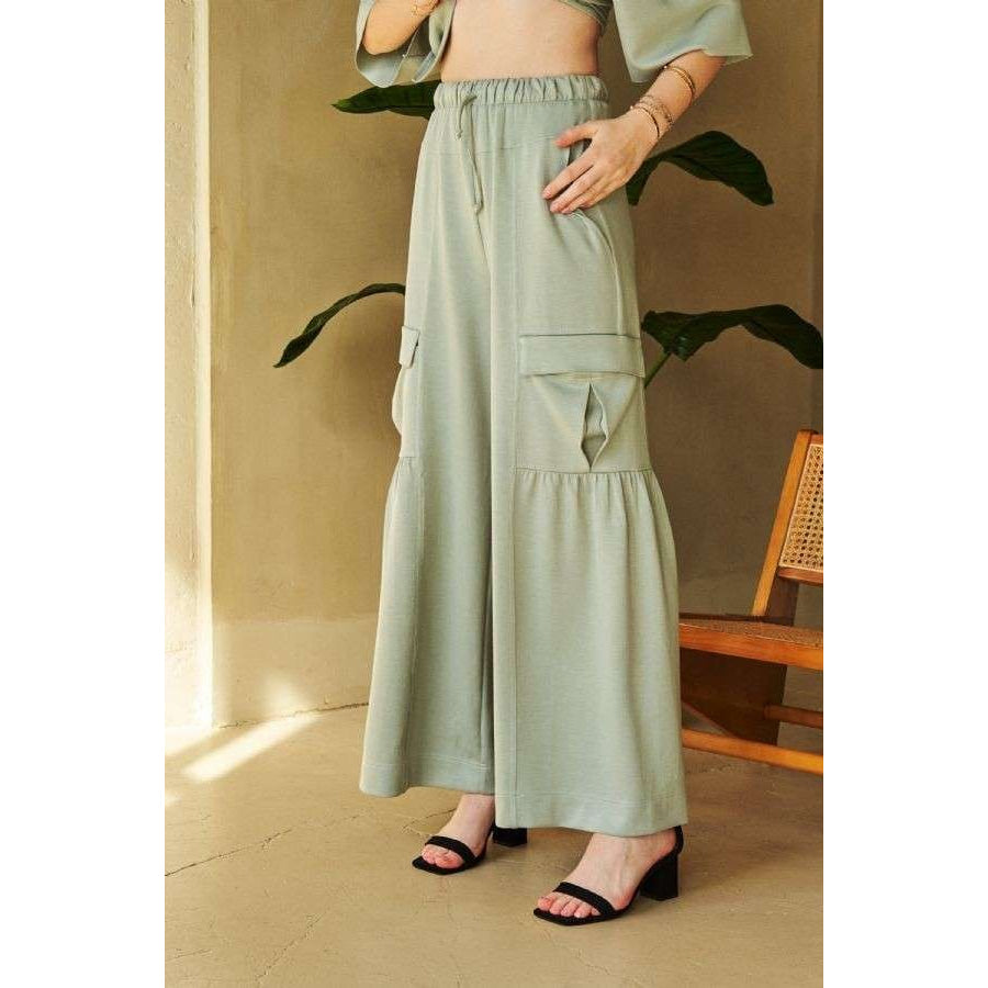 Davi & Dani Drawstring Ruched Detail Wide Leg Pants Sage / S Apparel and Accessories