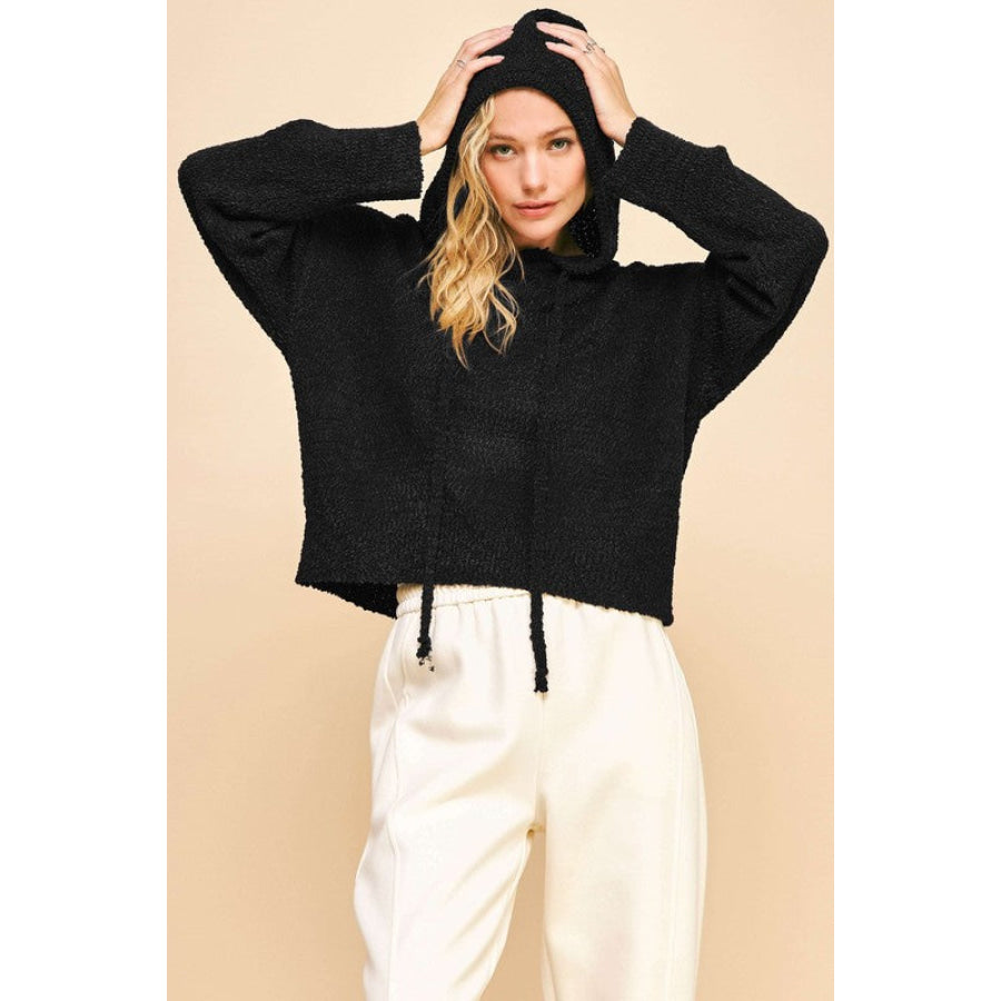 Davi & Dani Drop Shoulder Long Sleeve Hooded Sweater Black / S Apparel and Accessories