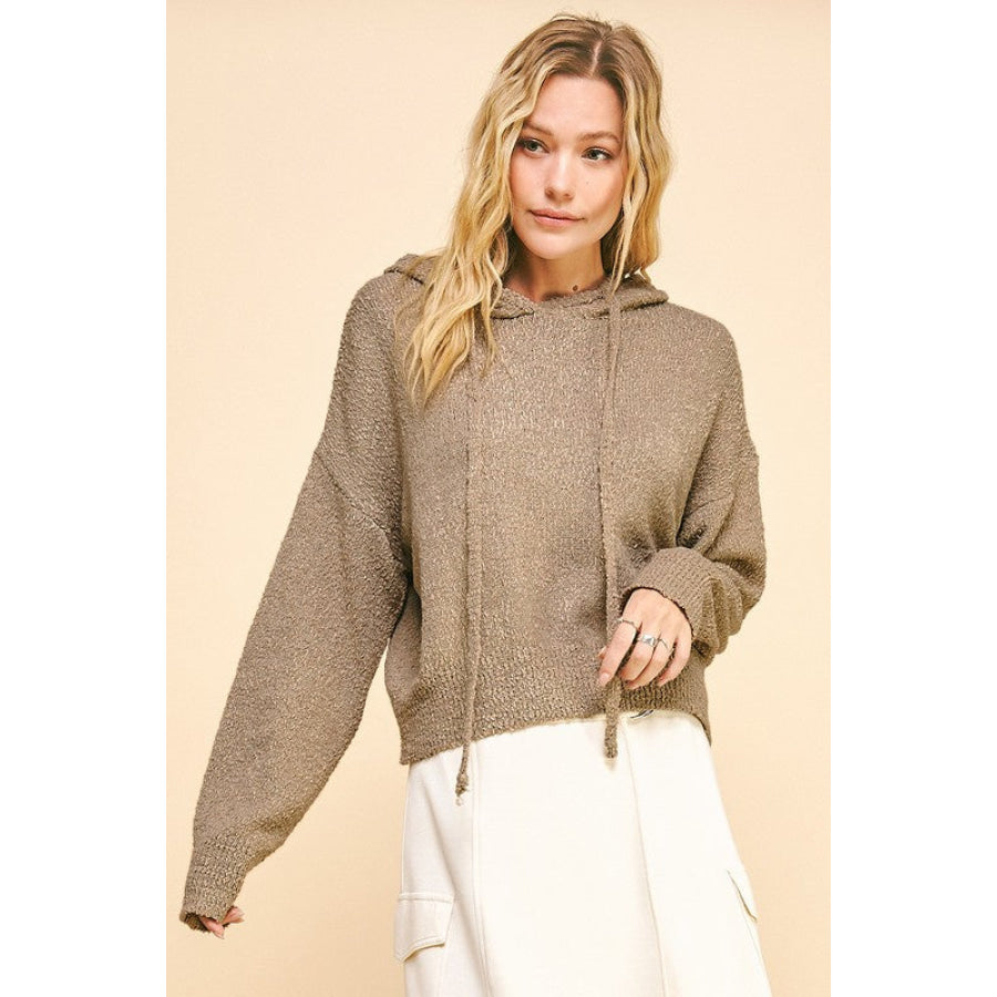 Davi &amp; Dani Drop Shoulder Long Sleeve Hooded Sweater Camel / S Apparel and Accessories