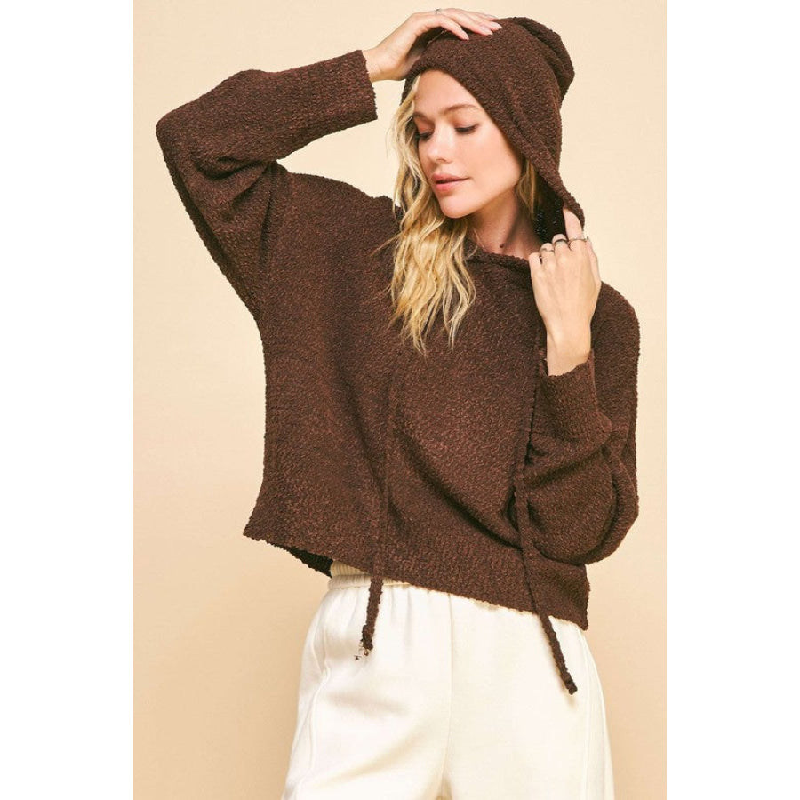 Davi &amp; Dani Drop Shoulder Long Sleeve Hooded Sweater Chocolate / S Apparel and Accessories