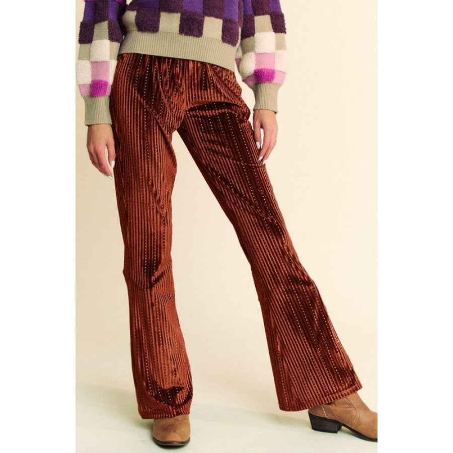 Davi & Dani Elastic Waist Knit Flare Pants Rust / S Apparel and Accessories