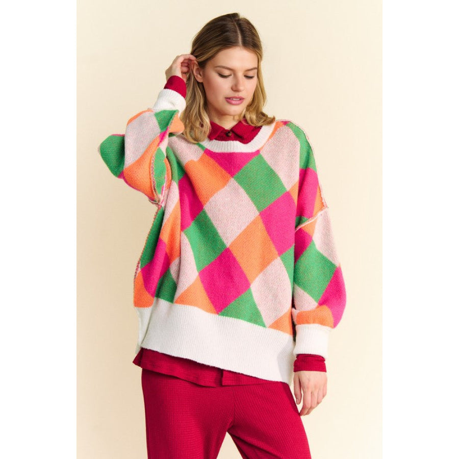 Davi & Dani Exposed Seam Color Block Dropped Shoulder Sweater Apparel and Accessories