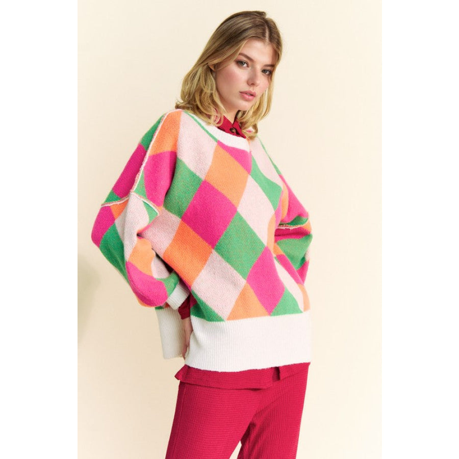 Davi & Dani Exposed Seam Color Block Dropped Shoulder Sweater Apparel and Accessories
