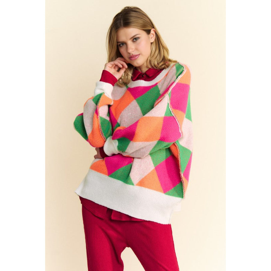 Davi & Dani Exposed Seam Color Block Dropped Shoulder Sweater Apparel and Accessories