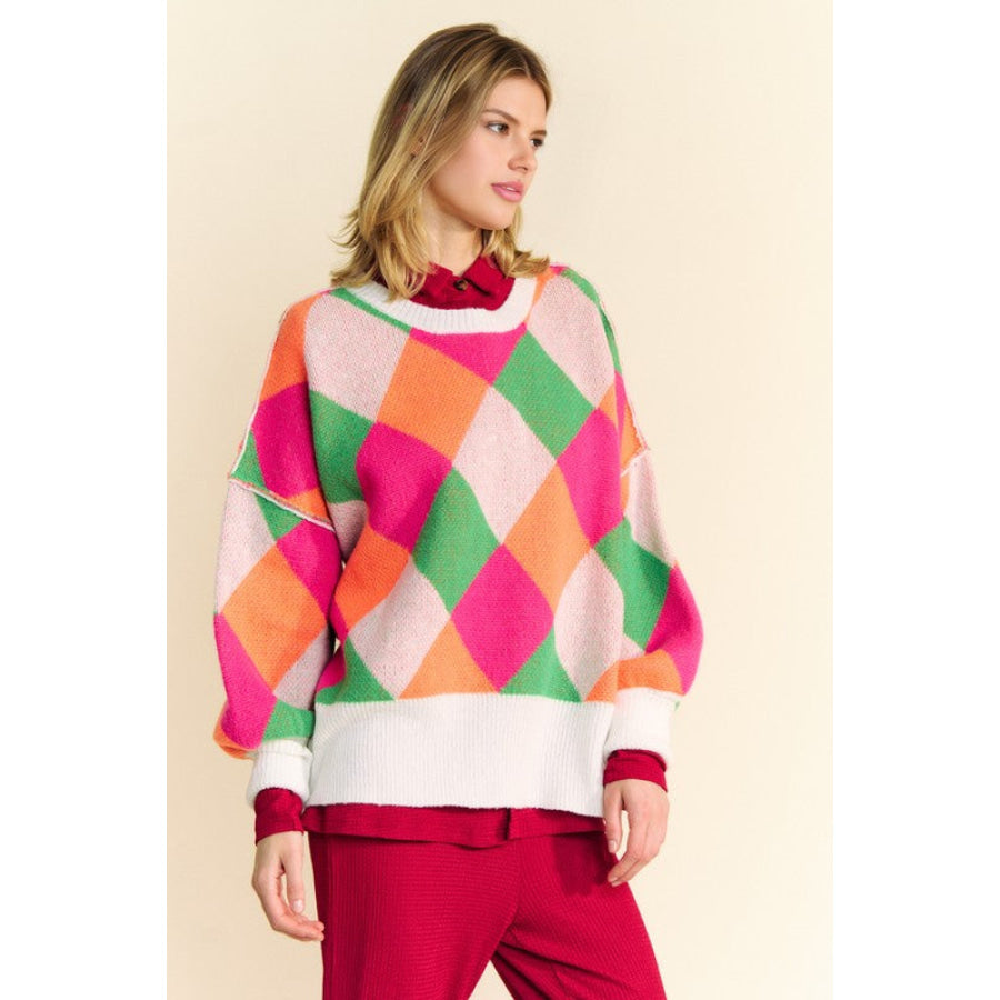 Davi & Dani Exposed Seam Color Block Dropped Shoulder Sweater Pink Orange / S Apparel and Accessories