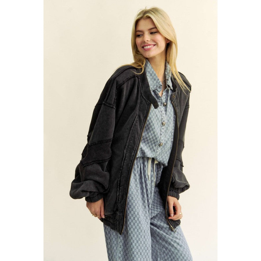 Davi &amp; Dani Exposed Seam Zip Up Dropped Shoulder Jacket Apparel and Accessories